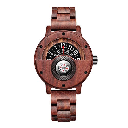 GORBEN Compass Turntable Men's Wooden Watch Lightweight Handmade Wood Watches Men Quartz Sports Watch