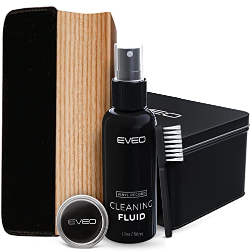 EVEO Premium Vinyl Record Cleaner Kit - Complete 4-in-1 Vinyl Records Cleaning Kit for Records Albums-Includes Soft Velvet Record Brush,Cleaning Liquid,Duster &Turntable Stylus Cleaning Gel - Record Player Accessories