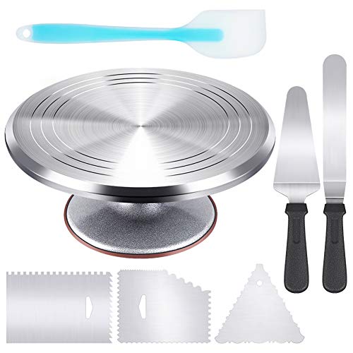 Kootek 12 Inch Cake Turntable Cake Decorating Kit Supplies, 7 Pcs Baking Supplies Aluminium Alloy Revolving Cake Decorating Stand, with 3 Icing Smoother, Icing Spatula, Silicone Spatula, Cake Cutter